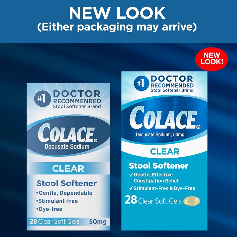 COLACE Clear Stool Softener Soft Gel Capsules Constipation Relief 50mg Docusate Sodium Doctor Recommended 28ct - Image 2